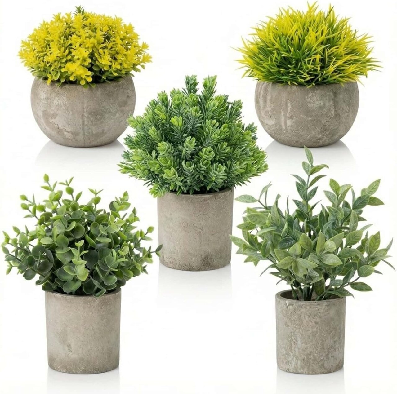 5 Pack Small Potted Artificial Plants with Eucalyptus & Greenery in Cement Pots – Faux Indoor Plants for Shelf, Desk, Bathroom, Office, Table & Modern Farmhouse Home Decor
